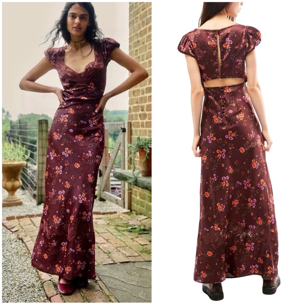 Free People Burgundy Floral Backless Satin Slip Dress - Picture 2 of 16